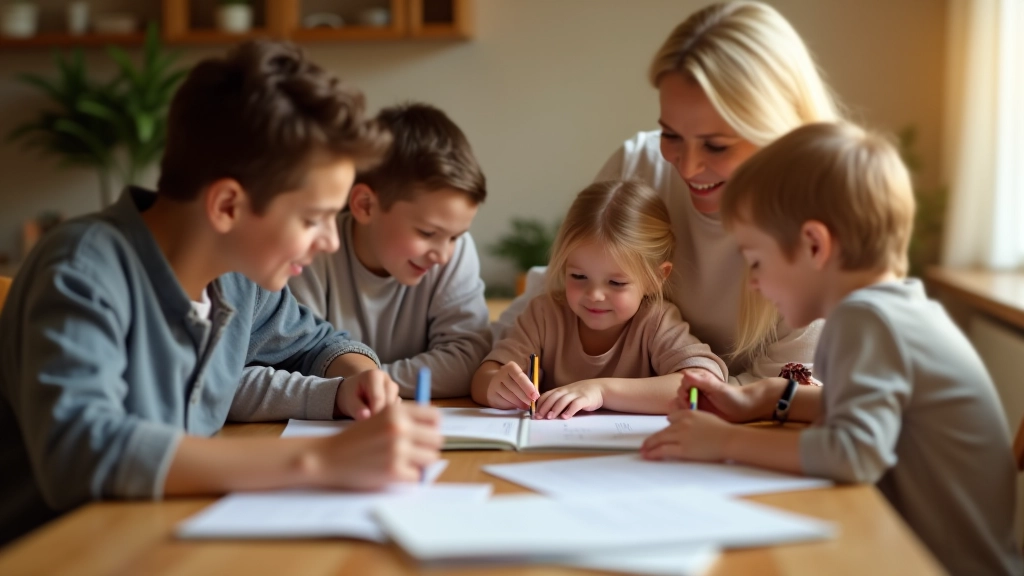 Eltern mit zwei Kindern schauen auf Dokumente und Steuerunterlagen zur Kindergeldoptimierung