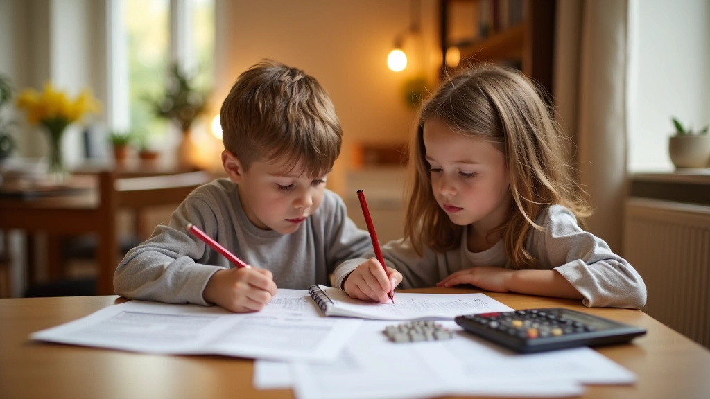 Familie mit Kindern sitzt am Esstisch und plant das Haushaltsbudget mit Notizbuch