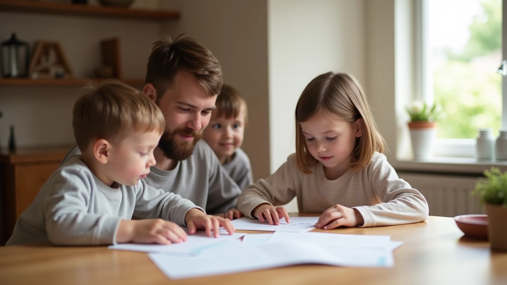 Familie plant Finanzbudget mit Dokumenten und Taschenrechner am Esstisch