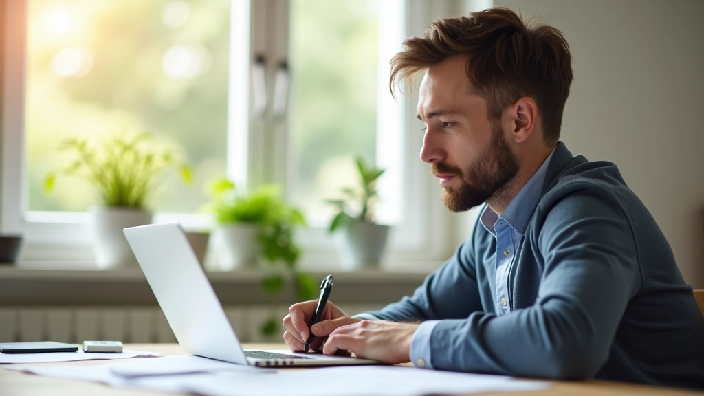 Vater sitzt am Schreibtisch mit Laptop und Finanzunterlagen, konzentriert, helles Arbeitszimmer, natürliches Licht