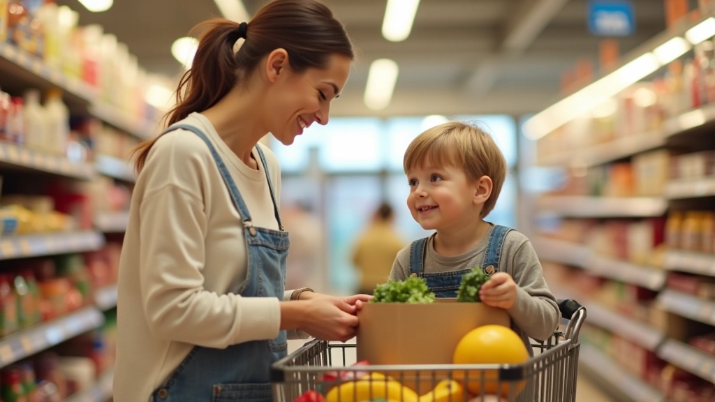 Mutter und Kind beim Einkaufen im Supermarkt, Wagen mit Lebensmitteln, natürliches Licht, freundliche Atmosphäre