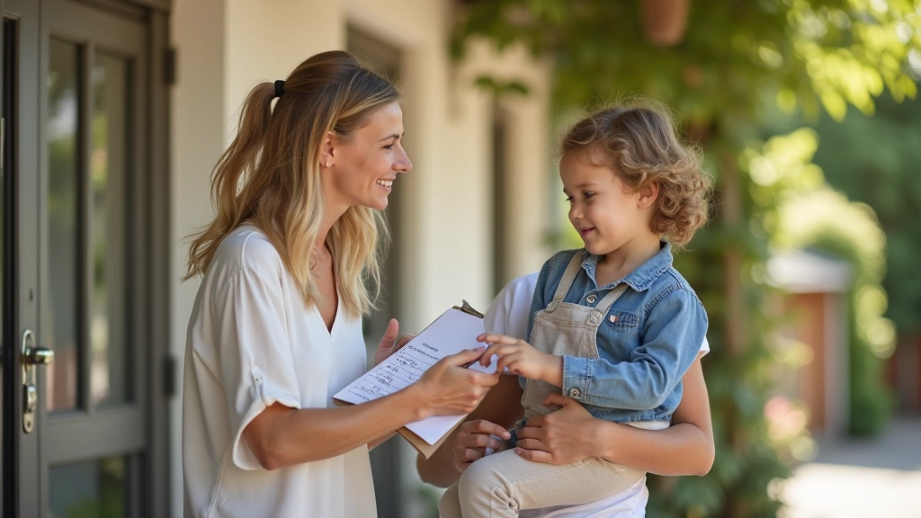 Mutter und Kind stehen vor einer Kindertagesstätte und besprechen die Betreuungskosten