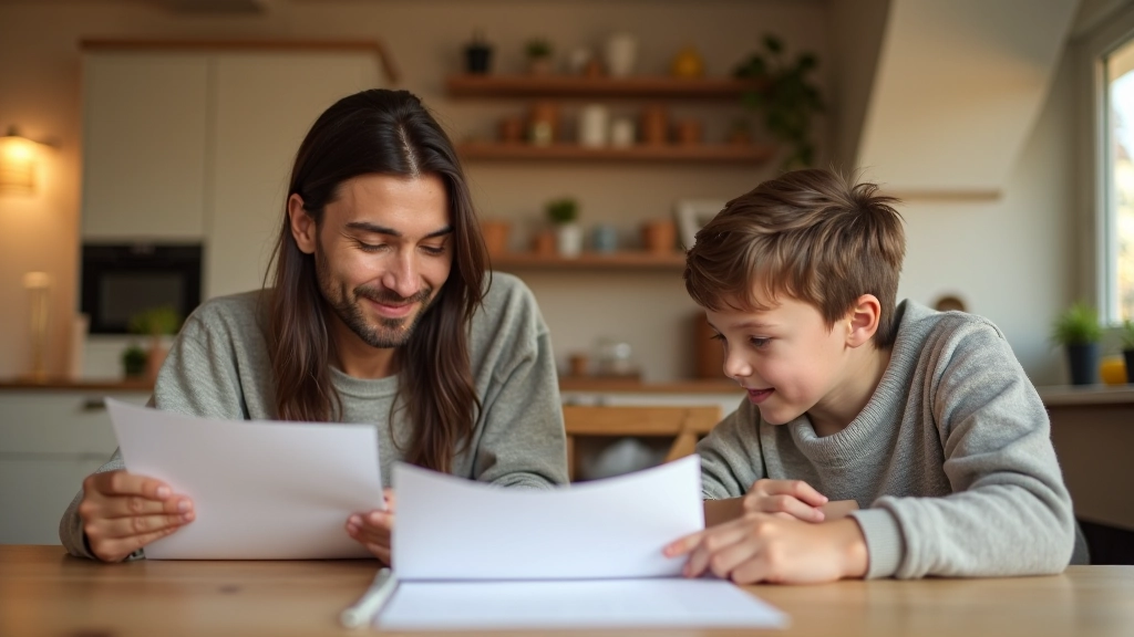 Eltern sitzen mit Kind am Tisch und besprechen Zuschussanträge für Kinderbetreuung
