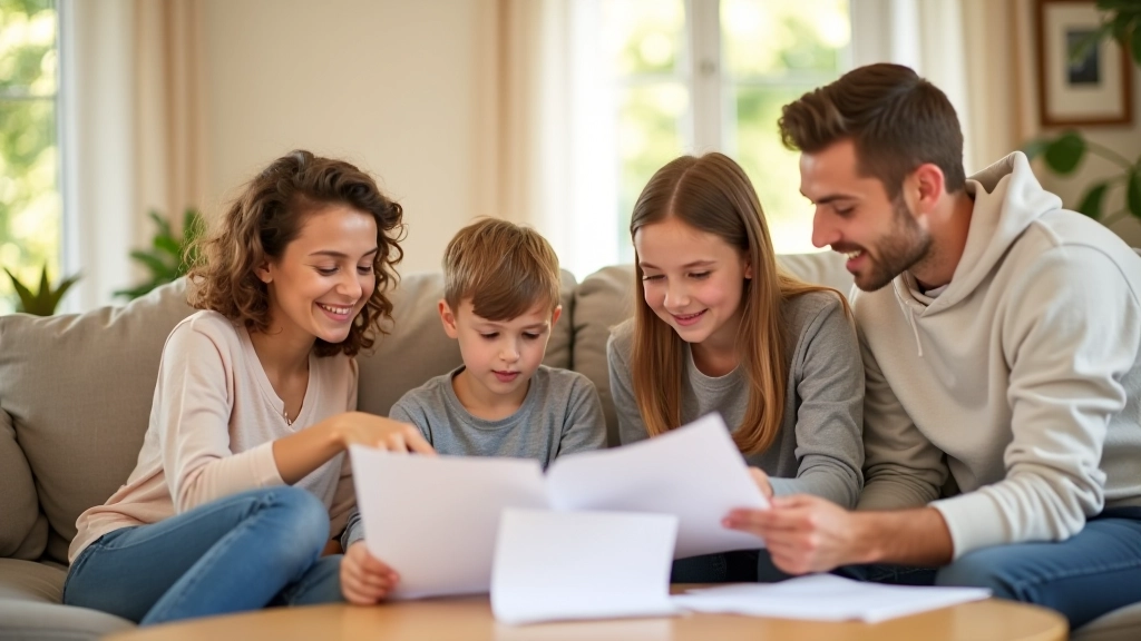 Junge Familie mit zwei Kindern sitzt im Wohnzimmer und plant gemeinsam Finanzbudget